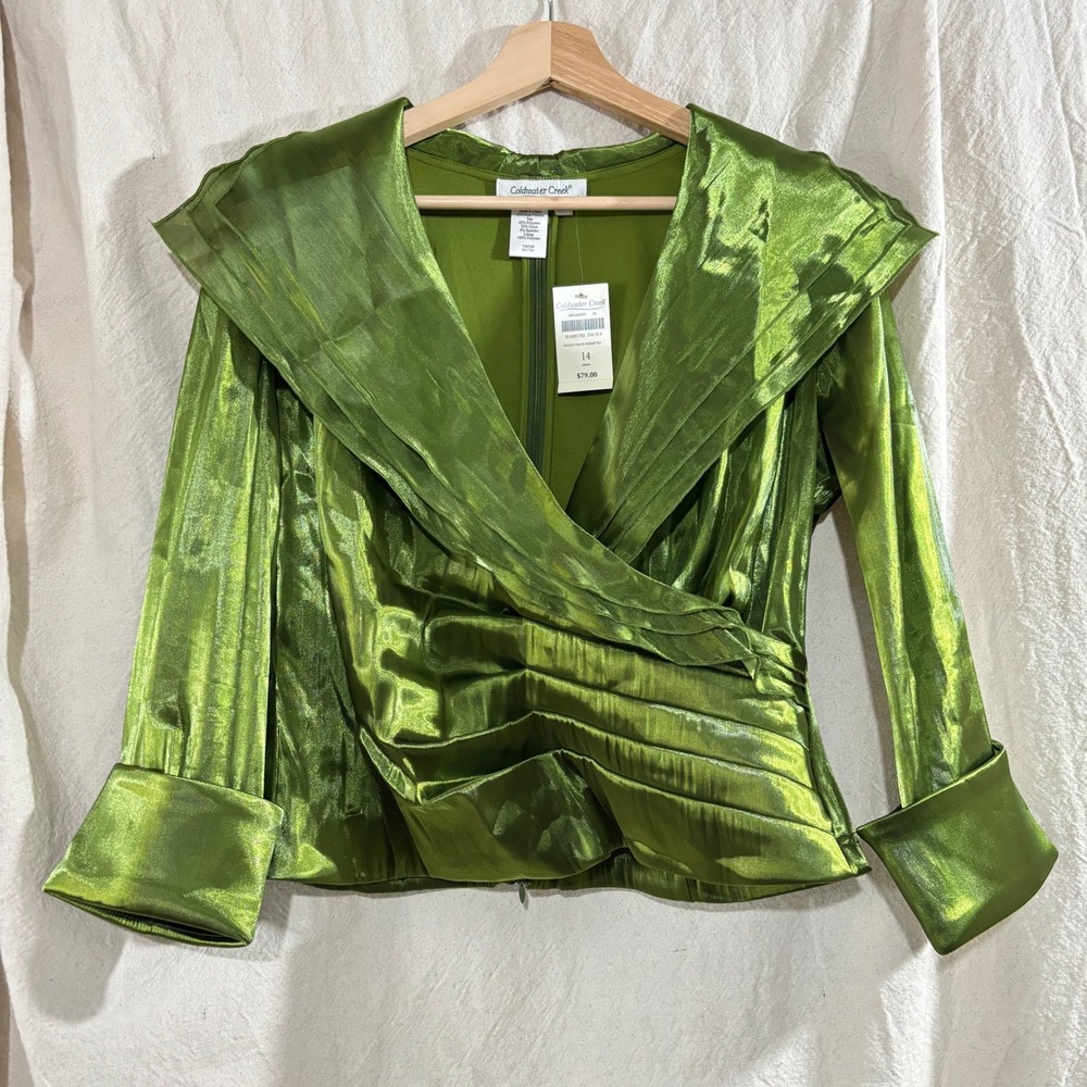 Coldwater Creek Metallic Olive Green Faux Wrap Top Portrait Collar Size 14 NWT